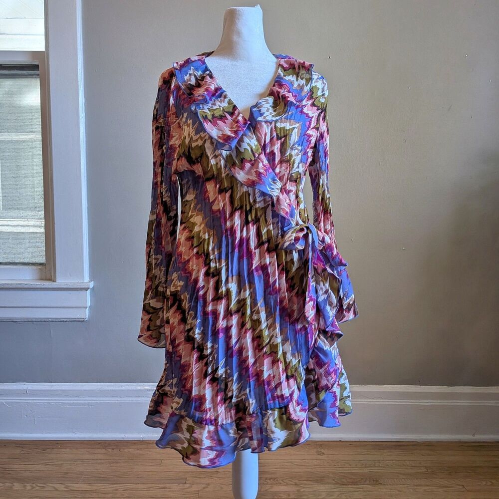 Vintage Y2K Sunny Leigh Mini Wrap Dress Ruffle Fairycore Boho Tie Dye Size Large
